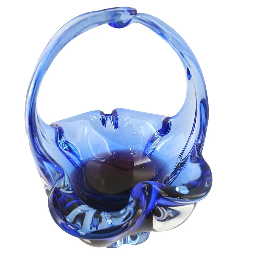 Crystal Clear Basket Hand Blown Art Glass Blue/Pink 7.5